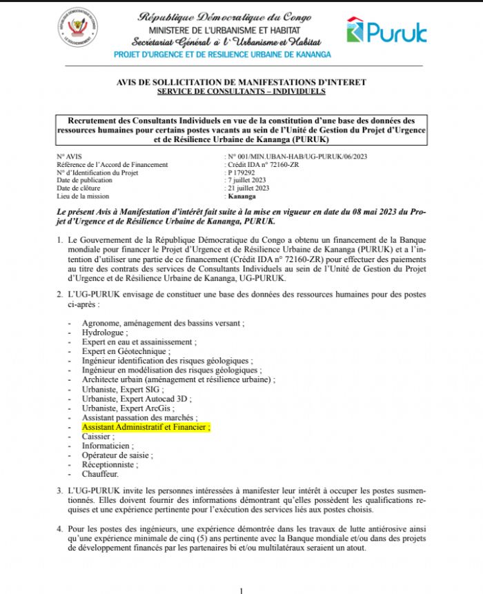 AVIS DE SOLLICITATION DE MANIFESTATIONS D’INTERET SERVICE DE CONSULTANTS INDIVIDUELS - Laprosperite