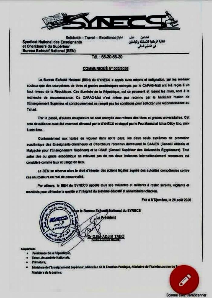 Tchad : le SYNECS conteste des titres académiques délivrés par le CAFAG-Mali