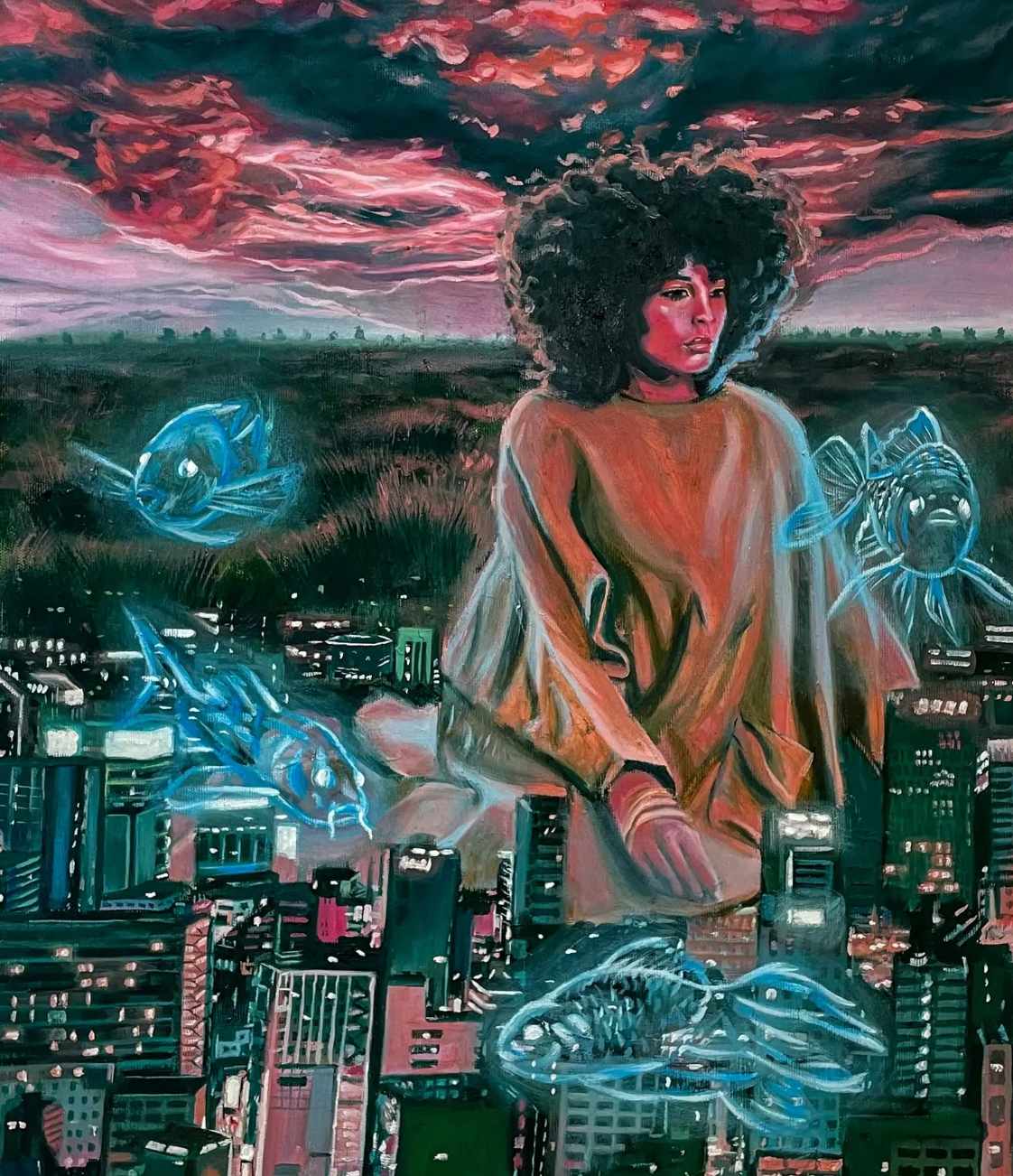 Océan numérique, Soulaimen Aboubacar : jeune femme assise au-dessus d'une ville nocturne, entourée de poissons lumineux, sous un ciel rose et sombre