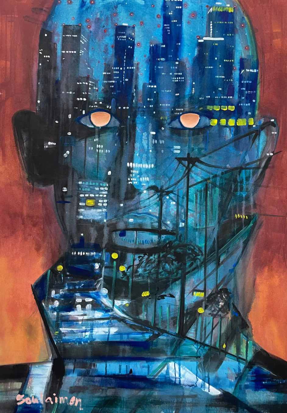 Bionique, Soulaimen Aboubacar : visage bleu traversé par les tours illuminées d'une ville nocturne, sur fond orangé